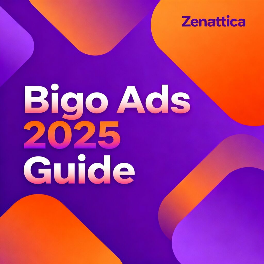 Vibrant cover for Bigo Ads 2025 guide with dynamic shapes and Zenattica wordmark