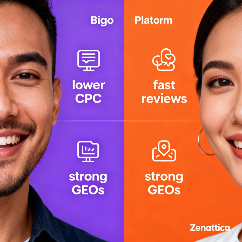 Infographic showing Bigo advantages—lower CPC, fast reviews, strong GEO coverage—Zenattica